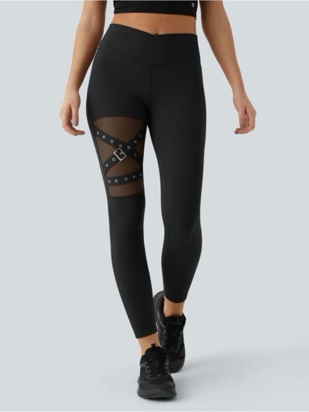 Halara black crossover buckle leggings.